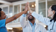 © Tshidzumba/peopleimages.com - High five, doctors and success of happy teamwork, unity and celebrate medical goals in clinic. Healthcare, excited group and join hands for celebration, cooperation and achievement of collaboration