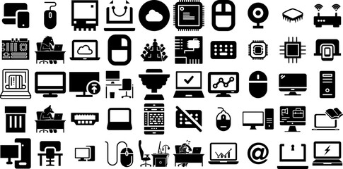 Wall Mural - Big Set Of Computer Icons Set Solid Concept Symbol Pointer, Silhouette, Shopping, Set Illustration For Computer And Mobile