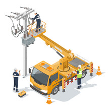 Employees Electric Power And Engineer Maintenance Working Electrical Wires Line Use Yellow Medium Boom Lift Truck Isometric Isolated Vector
