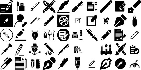 Wall Mural - Mega Collection Of Pen Icons Pack Black Modern Pictogram Tablet, Cosmetic, Icon, Silhouette Graphic Vector Illustration