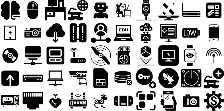 Huge Collection Of Technology Icons Pack Hand-Drawn Isolated Design Silhouette Coin, Printing, Tool, Illumination Symbol For Computer And Mobile