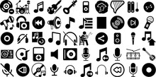 Huge Collection Of Music Icons Pack Hand-Drawn Black Vector Pictogram Tool, Speaker, Singer, Entertainment Logotype Isolated On White Background
