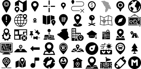 Wall Mural - Huge Collection Of Location Icons Collection Hand-Drawn Linear Simple Pictogram Navigator, Geolocation, Pointer, Orientation Elements Vector Illustration