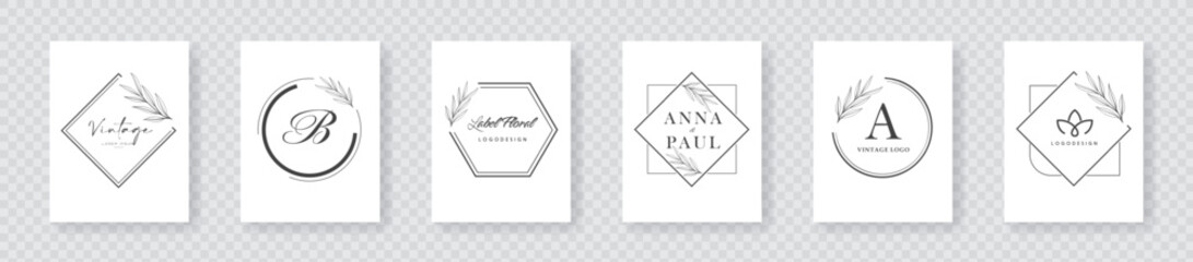 Wall Mural - Vintage logo emblems on white paper. Vector business cards with retro logotype. Badges for brand label. Wedding invitation card frames. Vector EPS10