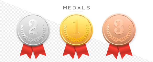 gold, silver, bronze medals set vector. metal realistic badge with first, second, third placement ac