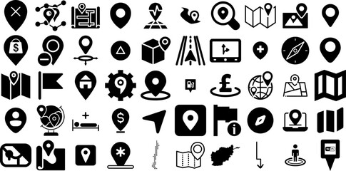 Wall Mural - Massive Set Of Location Icons Pack Hand-Drawn Black Concept Signs Geolocation, Orientation, Navigator, Pointer Elements Isolated On Transparent Background