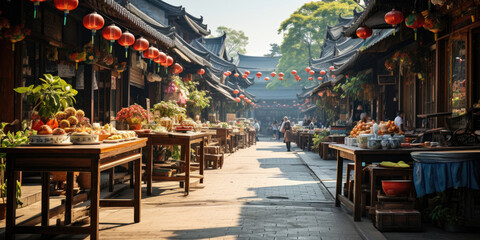 China food market street in Beijing. Chinese tourist walking in city streets on Asia vacation tourism. Asian woman travel lifestyle panoramica banner.