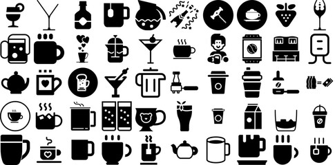 Wall Mural - Mega Set Of Drink Icons Set Black Drawing Symbols Milk, Infographic, Sweet, Set Glyphs Isolated On White Background