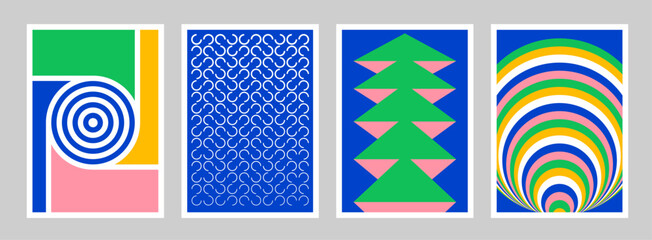 Aufkleber - Abstract Paintings. Set of vector illustrations. Memphis and Bauhaus style designs. Geometric shapes, backgrounds, trendy patterns. Retro elements for web, sale banners, posters, flyer. 