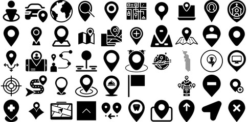 Wall Mural - Huge Set Of Location Icons Pack Linear Cartoon Symbols Navigator, Orientation, Geolocation, Pointer Pictograph Isolated On Transparent Background