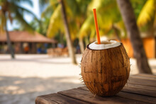 Free Photo Coconut Cocktail With Drinking Straw On A Palm Tree In The Beach Photography