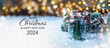 Christmas Card - Merry Christmas and Happy New Year 2024 - Christmas tree in snow and magic bokeh lights - background banner, header, xmas greetings
