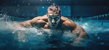 Athletic Triathlete Perfecting Swimming Technique In Wave Pool. Generative AI