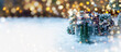 Christmas Winter background with Christmas tree in snow and magic bokeh lights - xmas panorama, banner , header with copy space - Winter Landscape abstract