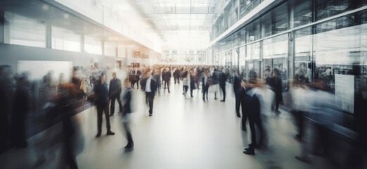 Blurred crowd of executives mingling at a trade fair event. Generative AI