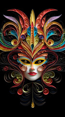 Wall Mural - A colorful mask with feathers on a black background. Generative AI.