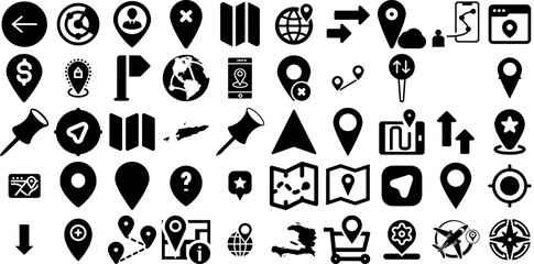 Wall Mural - Huge Collection Of Location Icons Pack Linear Concept Symbols Navigator, Orientation, Geolocation, Pointer Doodles Isolated On White