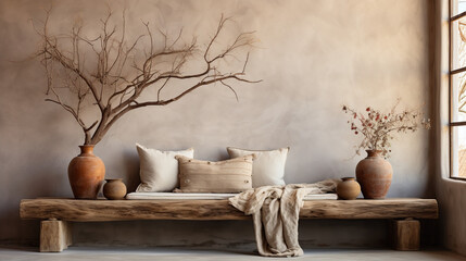 rustic aged wood tree trunk bench with pillows near stucco wall with dried twig decor. boho interior