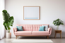 Pink Sofa Against White Wall With Art Poster Frame. Mid Century Style Interior Design Of Modern Living Room.