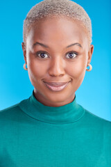 Poster - Portrait, cosmetics and black woman with confidence, smile or pride in blue studio background. Beauty, face and african female with makeup and positive mindset for fashion for wellness or glow.