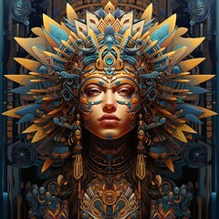 Wall Mural - A digital painting of a woman wearing a headdress. Generative AI. A tribal costume, outfit.
