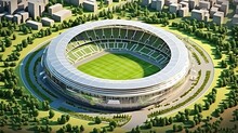 Aerial View Modern Soccer Stadium With Trees And Park, Generative AI