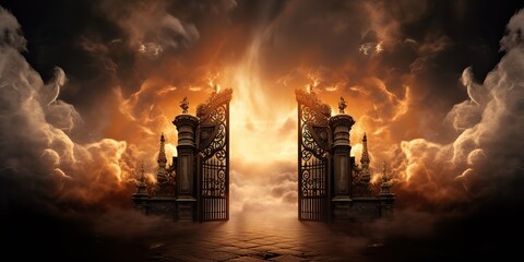 AI Generated. AI Generative. Baroque heaven inner space gate. Religion architecture temple entrance god sun meet fantasy gothic vibe. Graphic Art