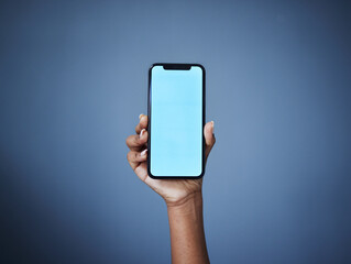 Aufkleber - Phone, mockup and woman hand in studio with space for plan, menu or information, contact or space on dark background. Blue screen, smartphone and person show text, product placement or social media