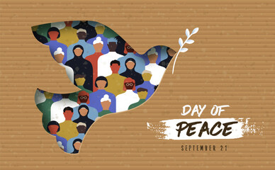 Wall Mural - International day of peace vector card, paper cut dove symbol with people group