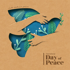 Wall Mural - International day of peace paper cut hug dove concept vector card illustration