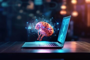 A smart artificial intelligence concept shows a hologram of the human brain against the background of a contemporary laptop. Multiexposure