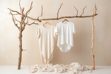 Simple elegant organic cotton t-shirt and dress on hangers hanging on tree branch wood rack. Zero waste recycled material sustainability concept