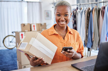 Phone, Portrait Or Black Woman With Box For Delivery, Shipping Package Or Ecommerce Logistics. Online Sale, Stock Or Happy Business Owner With Product Label Or Store Order For Mobile Courier Service