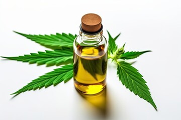 Wall Mural - On a white backdrop with copy space, a bottle containing medical cannabis oil extract and marijuana is shown. Selective Intensification