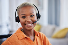 Black Woman, Call Center And Portrait With Headphones For Consulting, Telemarketing Or Working Remote At Home. Face Of Happy African Female Person, Consultant Or Agent With Headset For Online Advice