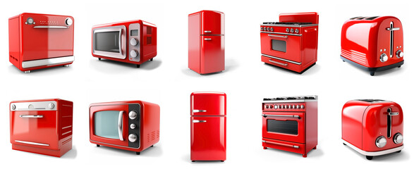 Red Retro Kitchen Equipment Set (dishwasher, microwave, refrigerator, stove, toaster) isolated on transparent background