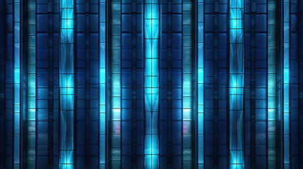 Wall Mural - skyscraper facade with blue tinted windows and blinds at night. generative ai