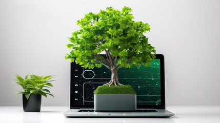 Environmental friendly concept tree growing from laptop sustainability ecology problems.