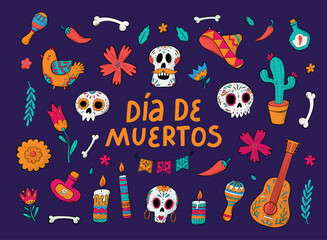 Wall Mural - set of hand drawn doodles, cartoon elements for Dia de muertos. Good for stickers, prints, cards, signs, posters, other holiday decor. EPS 10