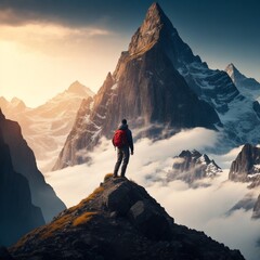 Hiker on top of the mountain. Generative AI.