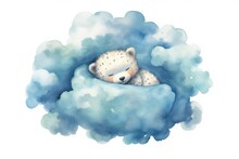 This Cute Watercolor Picture Of A Small Bear Boy Napping On A Blue Cloud Might Be Used For Baby Shower Or Child Posters.
