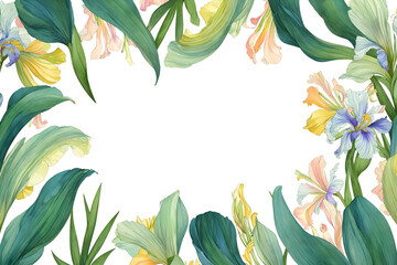 Wall Mural - Watercolor drawing with irises and leaves. Mother's Day card. Floral pattern for wallpaper or fabric with iris flowers. Templates for design, botanical illustration in watercolor style. Generative AI