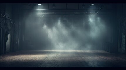 theatrical set with fake fog and haze over a dark backdrop. made using generative AI tools