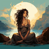 Fototapeta  - Digital illustration, 3D sexy woman brunette sitting on the rock with crossed legs, peaceful quiet meditation, long hair. Stylish low-cut dress. Ai, fantastic background with sea at sundown