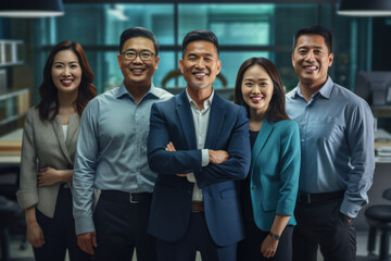 Sticker - Asian employees and male business team leader in office, group corporate portrait. Generative AI