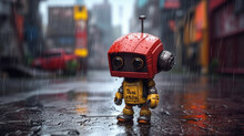 Robot With A Sad Face On A Deserted Street On A Rainy Day, Detailed Image, In High Resolution, Generated By Artificial Intelligence.