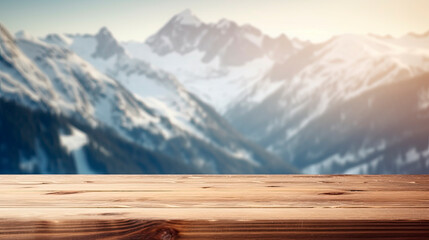 Wall Mural - Wooden table top with blur background of alpine snow capped.