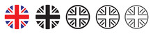 Set Of Great Britain Flag Icons. United Kingdom Flag, Union Jack. National Flag Of The United Kingdom, Sphere, Ball. Circle Badge Of Europe Country Icons, British Banner, Britain Symbols. Vector.
