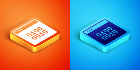 Isometric Binary code icon isolated on orange and blue background. Vector