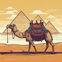 Camel In Front Of The Pyramids In Giza, Egypt, 